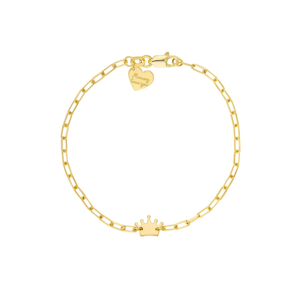 14k Child's Paper Clip Chain Crown & Heart Bracelet