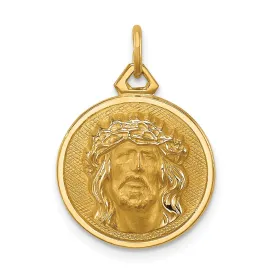 14k Real Yellow Gold Polished and Satin Small Round Jesus Medal Pendant, 0.5 Inch Diameter