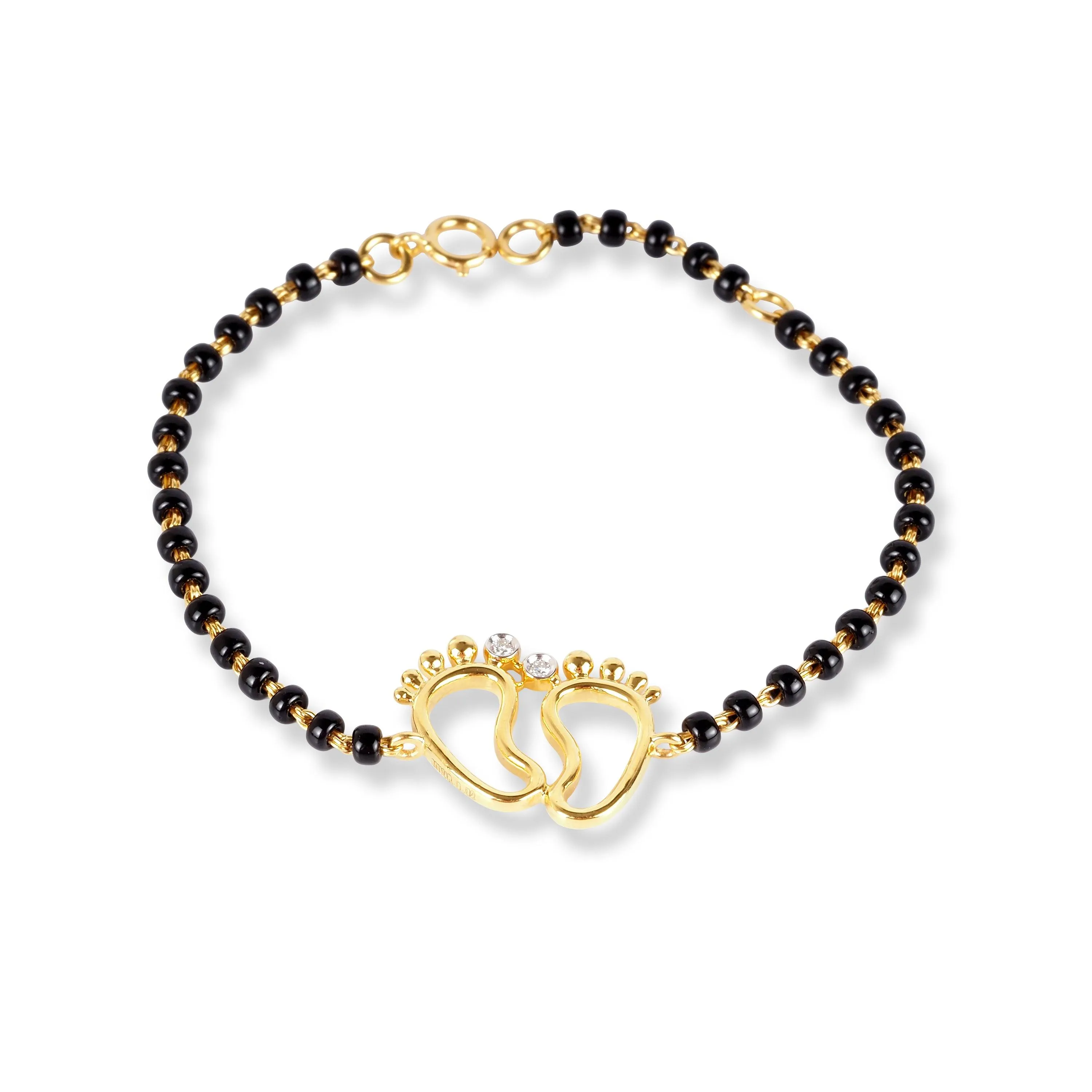 18ct Yellow Gold / 18ct White Gold Diamond Adjustable Children's Bracelet with Small Feet and Black Beads MCS4275