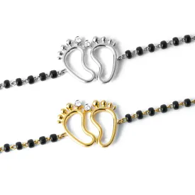 18ct Yellow Gold / 18ct White Gold Diamond Adjustable Children's Bracelet with Small Feet and Black Beads MCS4275