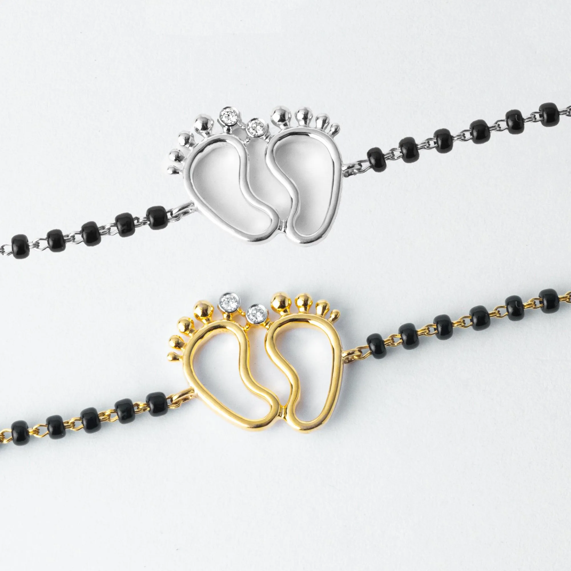 18ct Yellow Gold / 18ct White Gold Diamond Adjustable Children's Bracelet with Small Feet and Black Beads MCS4275