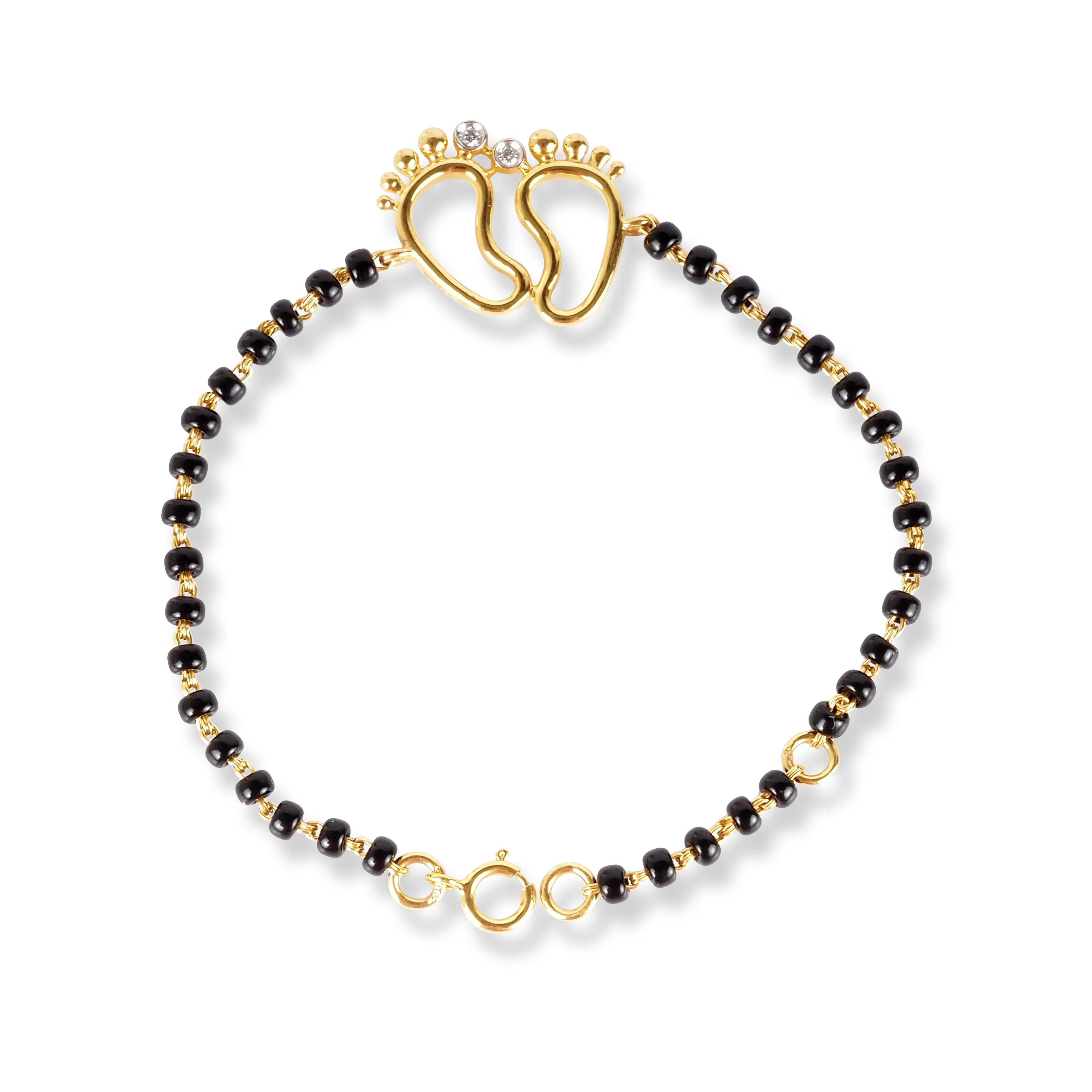 18ct Yellow Gold / 18ct White Gold Diamond Adjustable Children's Bracelet with Small Feet and Black Beads MCS4275