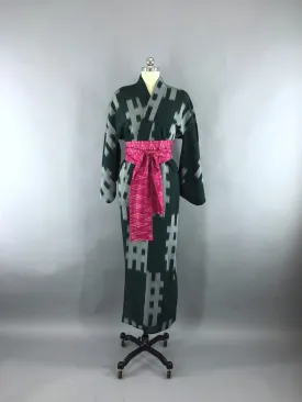 1930s Vintage Silk Kimono Robe with Green and Grey Meisen Ikat Pattern