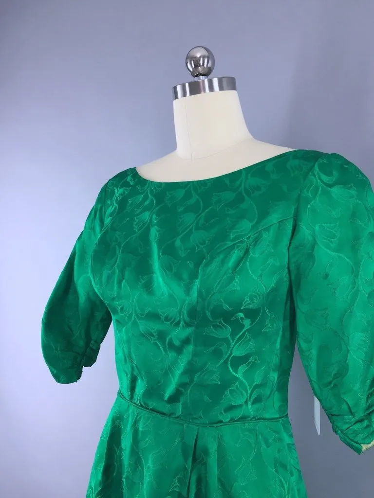 1950s Vintage Emerald Green Satin Damask Cocktail Dress