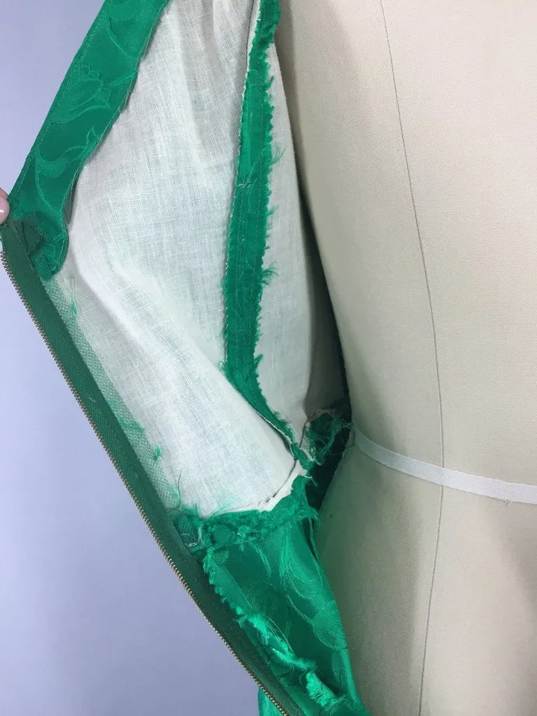 1950s Vintage Emerald Green Satin Damask Cocktail Dress