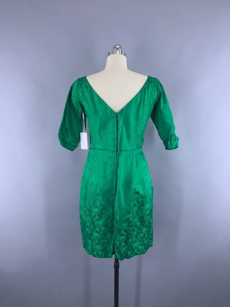 1950s Vintage Emerald Green Satin Damask Cocktail Dress