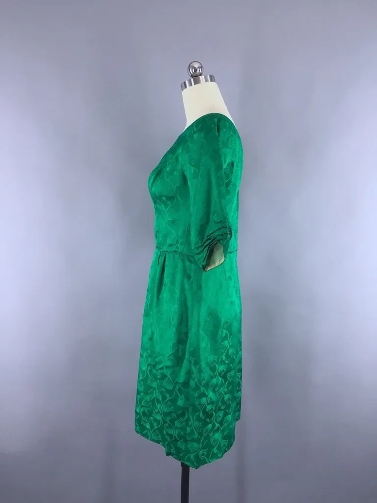 1950s Vintage Emerald Green Satin Damask Cocktail Dress