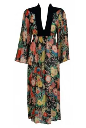 1972 Ossie Clark Colorful Floral Celia Birtwell Print Silk & Crepe Belted Dress