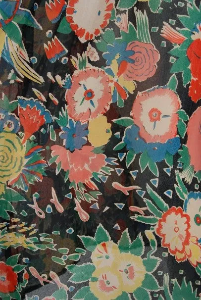 1972 Ossie Clark Colorful Floral Celia Birtwell Print Silk & Crepe Belted Dress