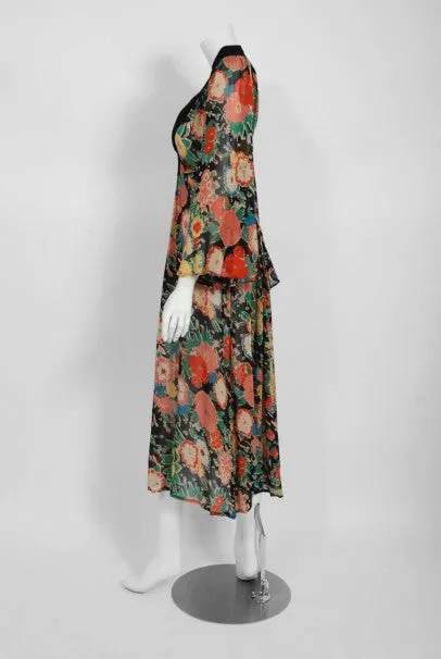 1972 Ossie Clark Colorful Floral Celia Birtwell Print Silk & Crepe Belted Dress