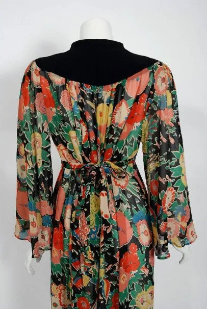1972 Ossie Clark Colorful Floral Celia Birtwell Print Silk & Crepe Belted Dress