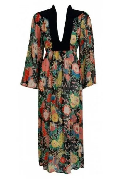 1972 Ossie Clark Colorful Floral Celia Birtwell Print Silk & Crepe Belted Dress