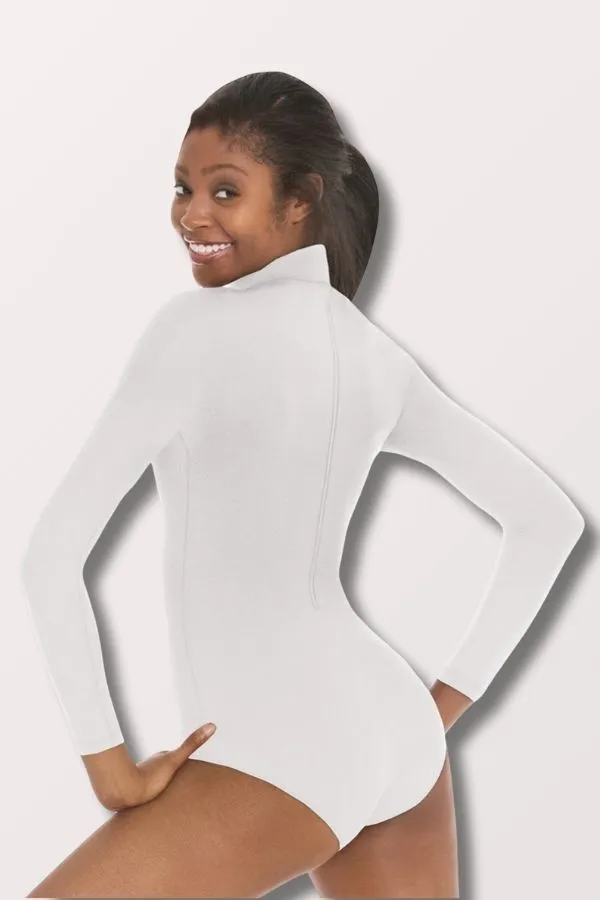Adult Mock Neck Microfiber Long Sleeve Leotard - White