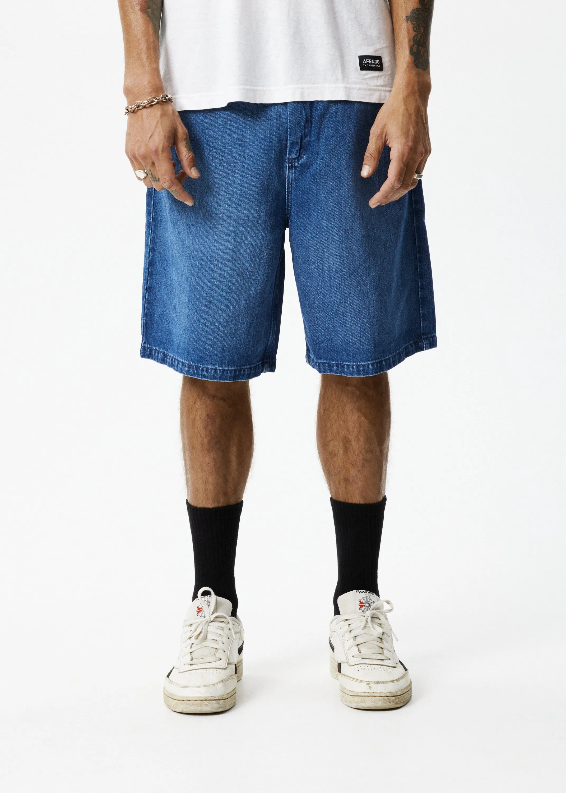 AFENDS Mens Lil C - Denim Baggy Fit Short - Authentic Blue