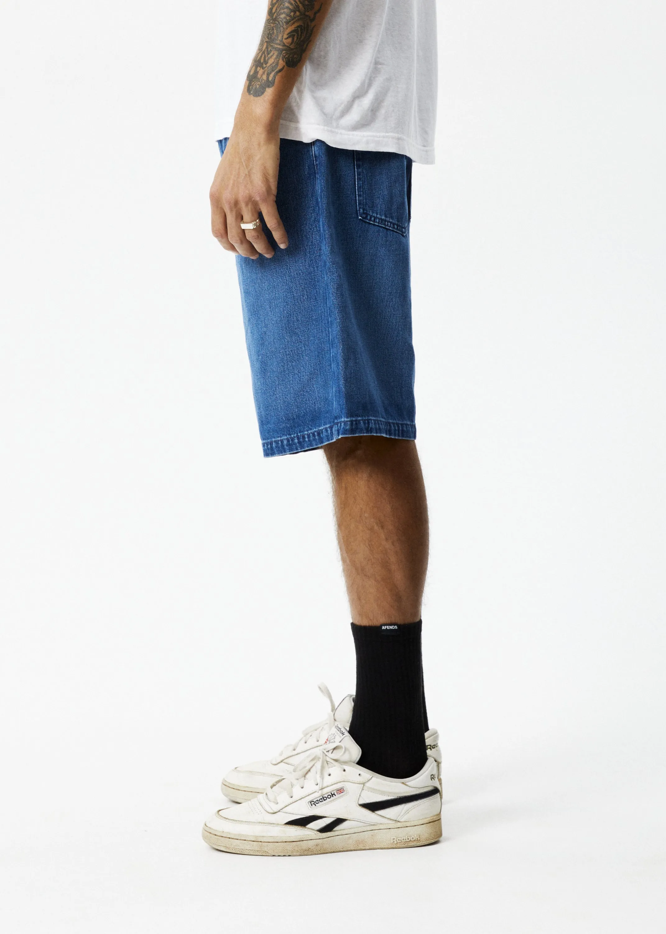 AFENDS Mens Lil C - Denim Baggy Fit Short - Authentic Blue
