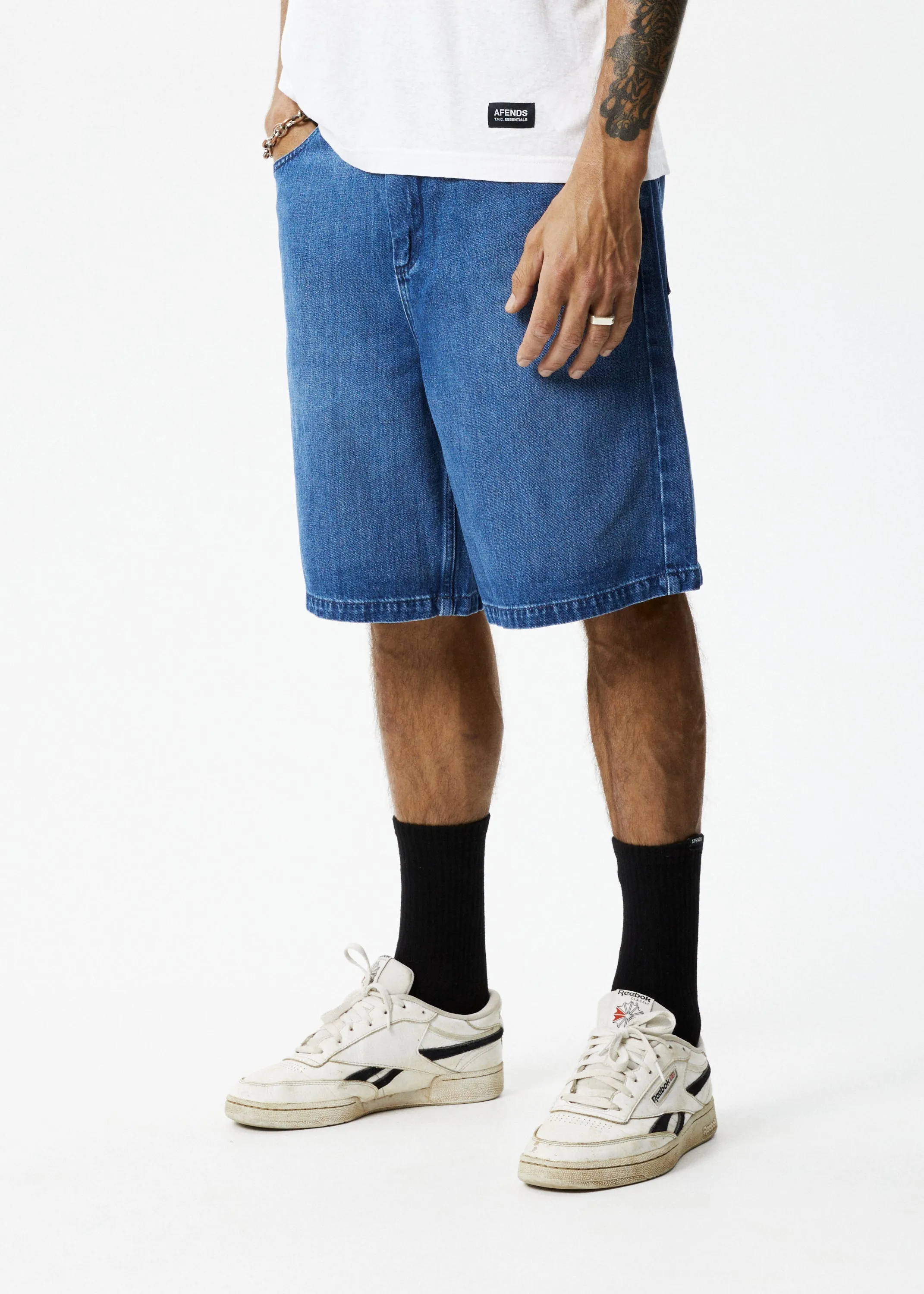 AFENDS Mens Lil C - Denim Baggy Fit Short - Authentic Blue