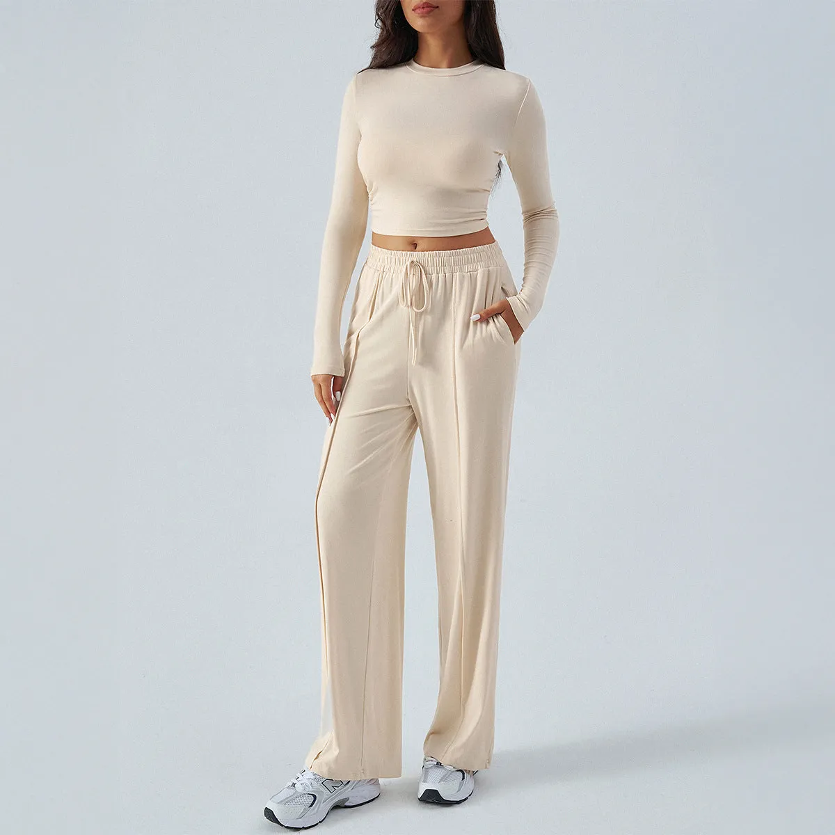 Autumn Winter Women Clothing round Neck Long Sleeve Top Wide Leg Pants Sets