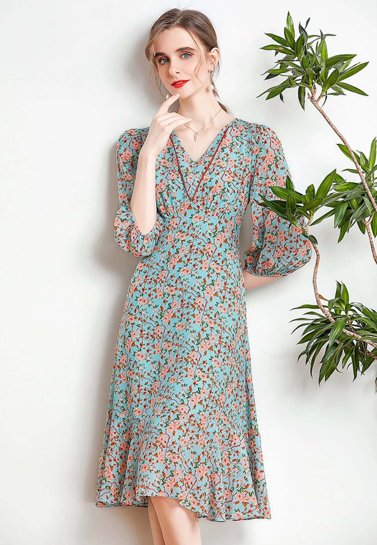 Bess Half Sleeve V-neck Silk Dress