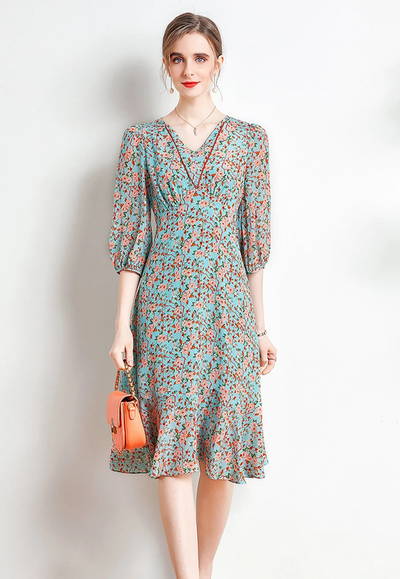 Bess Half Sleeve V-neck Silk Dress