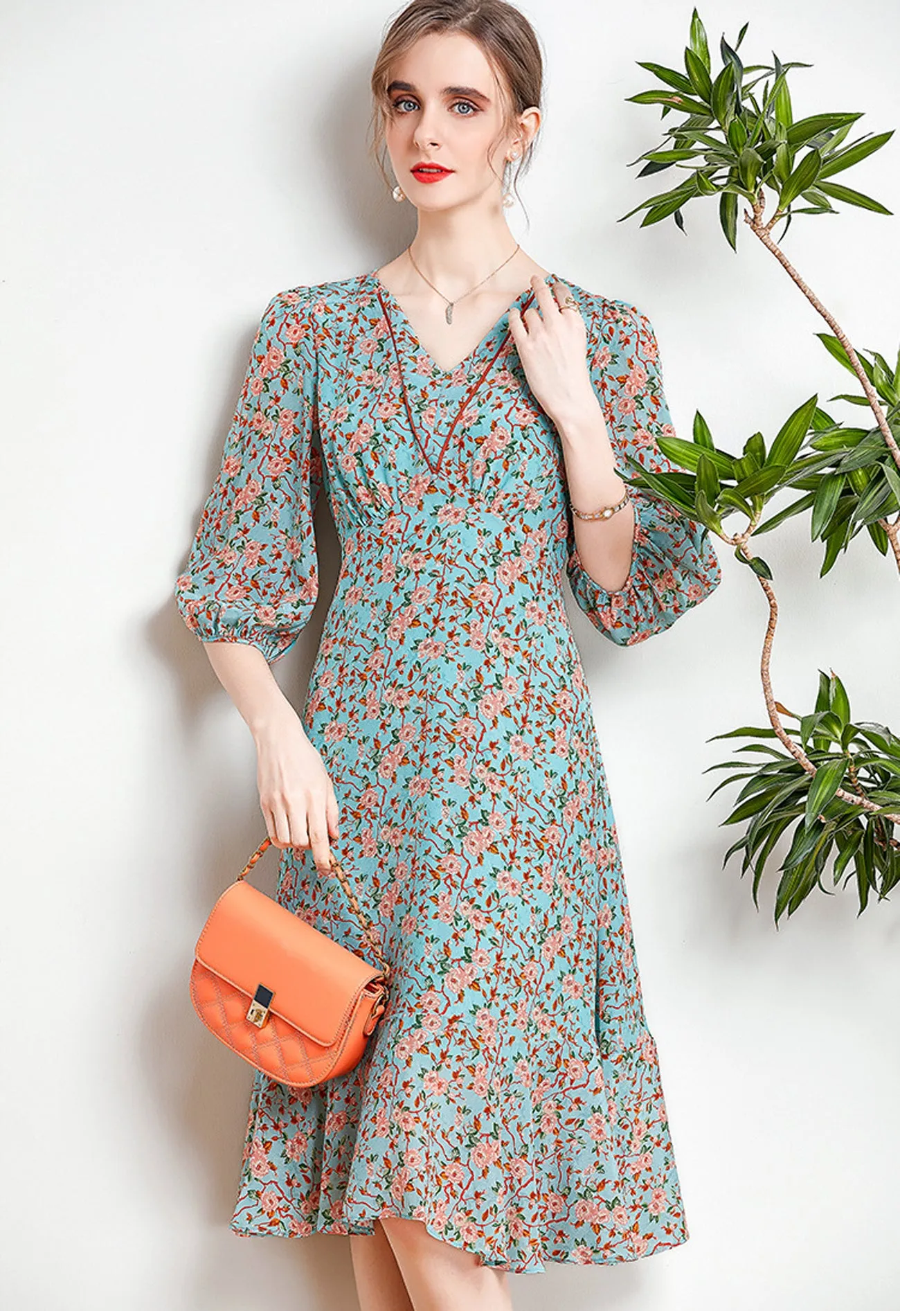 Bess Half Sleeve V-neck Silk Dress