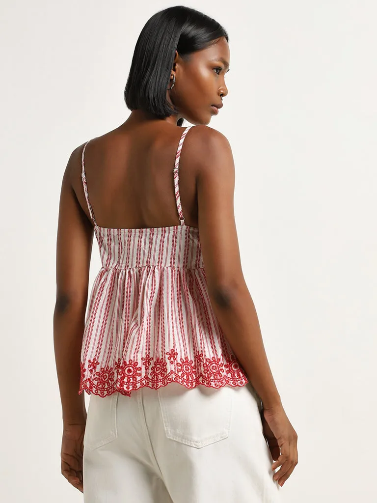 Bombay Paisley Red Stripe Printed Cotton Blend Top