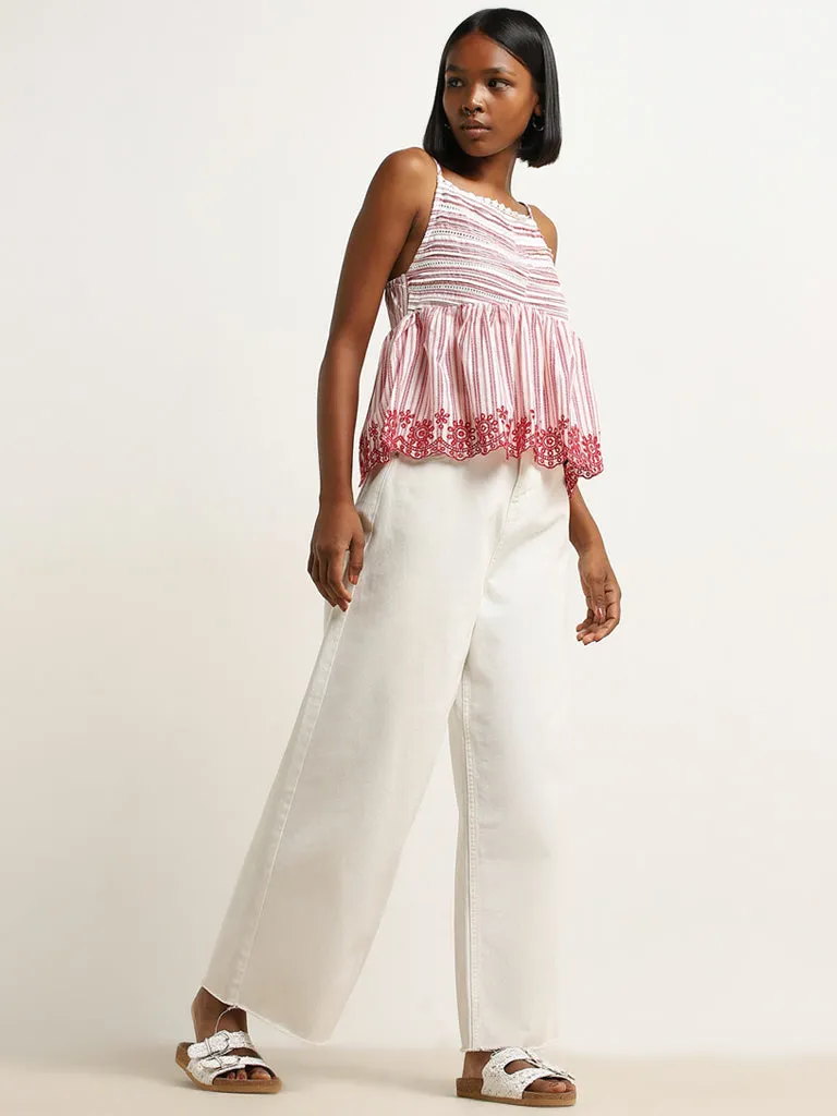 Bombay Paisley Red Stripe Printed Cotton Blend Top