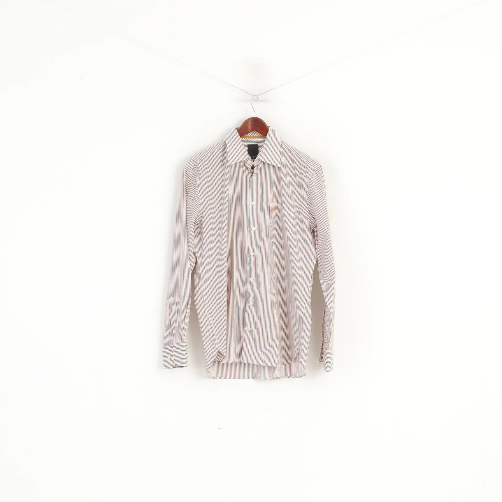 Bugatti Men 15.5 M Casual Shirt Orange Striped Cotton Long Sleeve Top