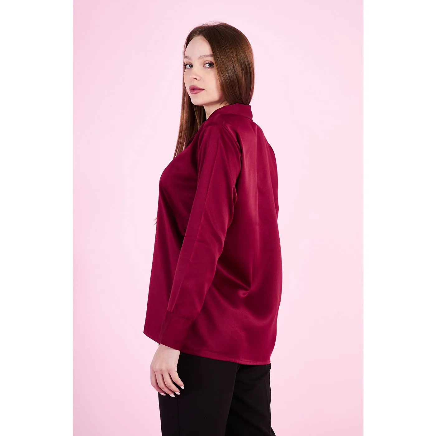 Burgundy Cuban Collar Satin Shirt