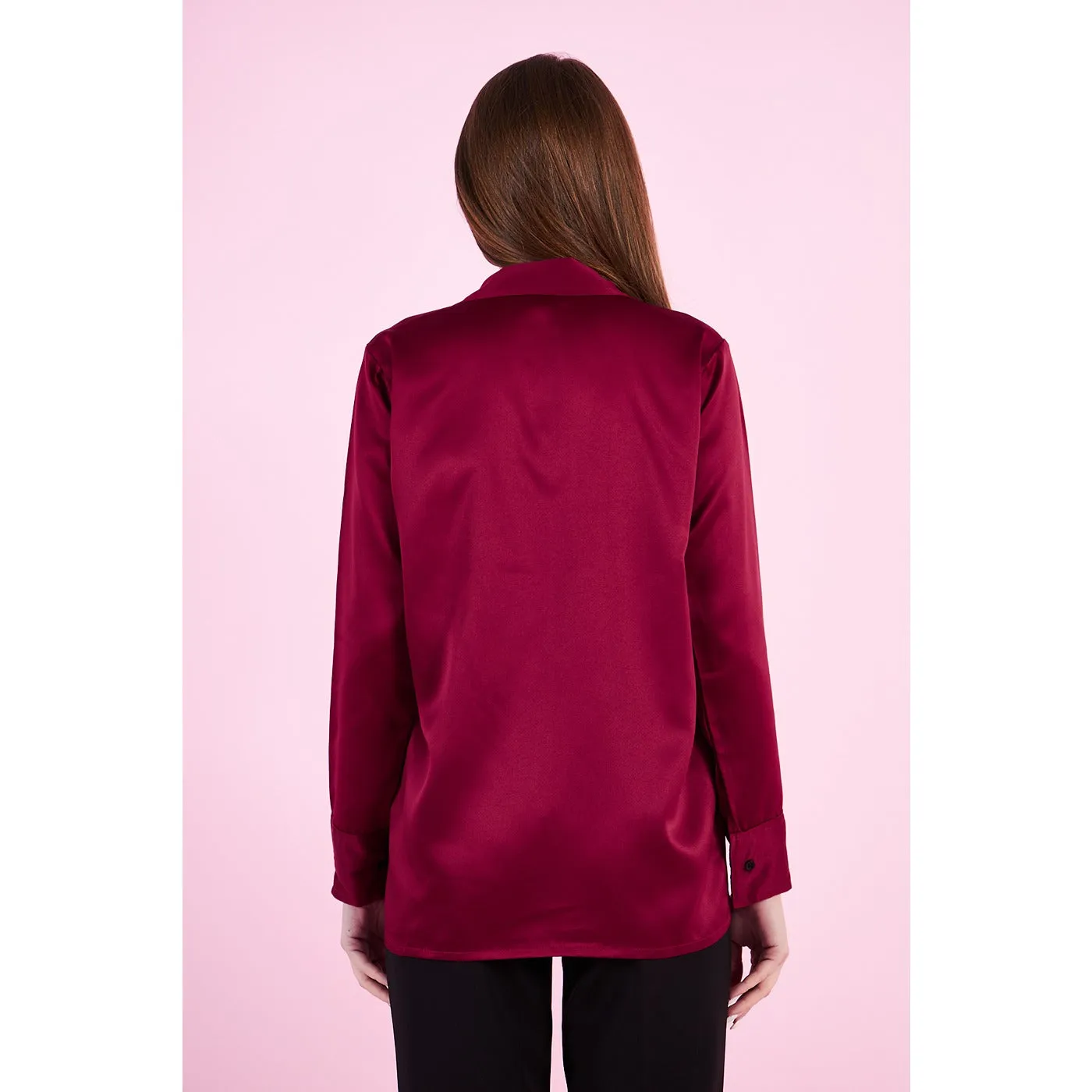 Burgundy Cuban Collar Satin Shirt