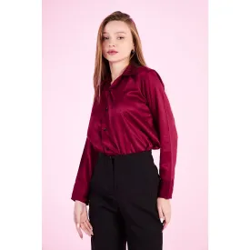 Burgundy Cuban Collar Satin Shirt