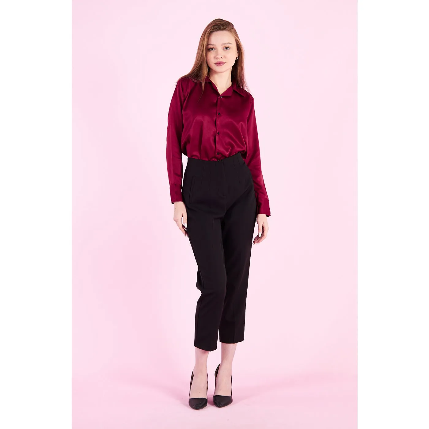 Burgundy Cuban Collar Satin Shirt