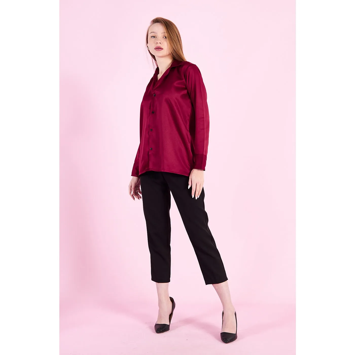 Burgundy Cuban Collar Satin Shirt