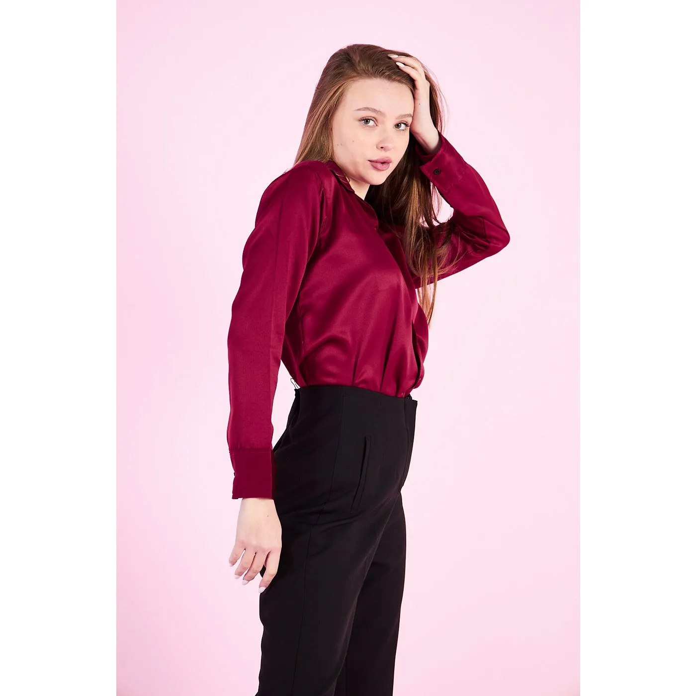 Burgundy Cuban Collar Satin Shirt