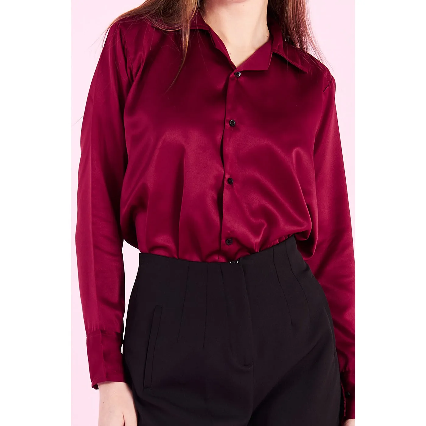 Burgundy Cuban Collar Satin Shirt