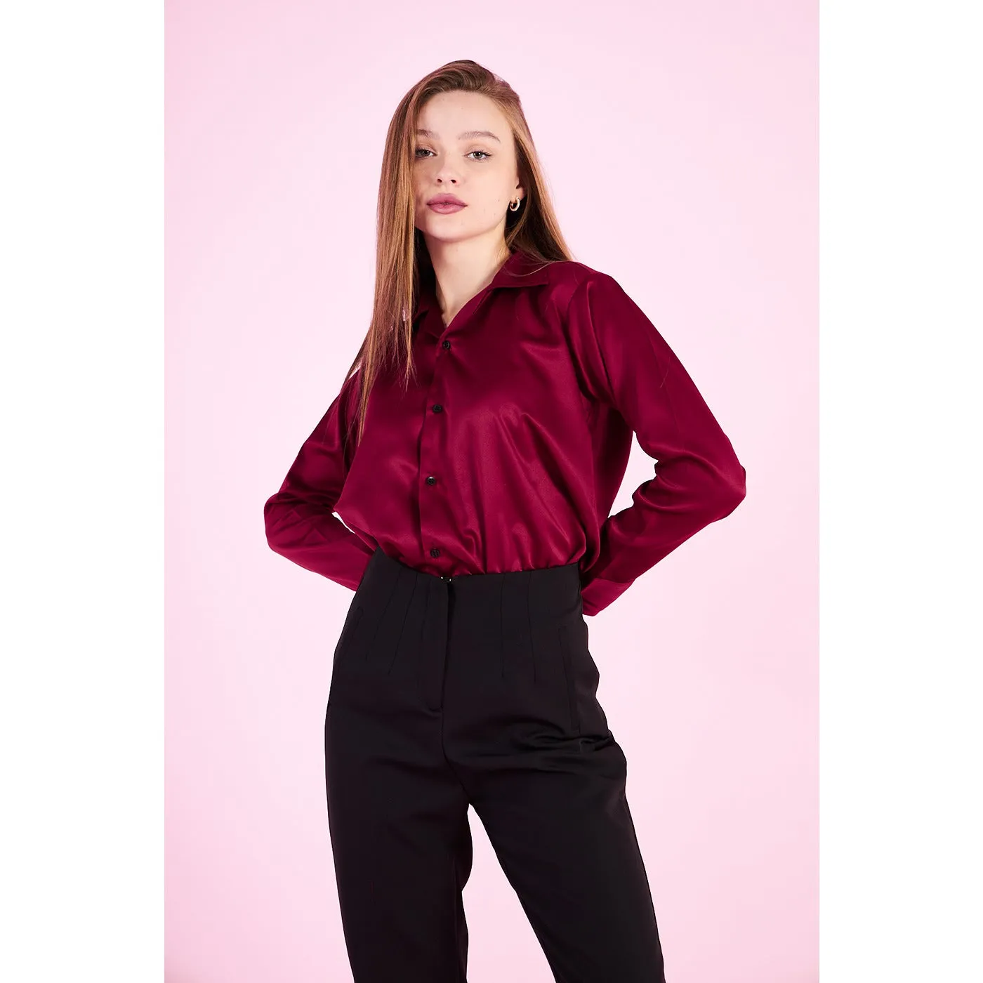 Burgundy Cuban Collar Satin Shirt