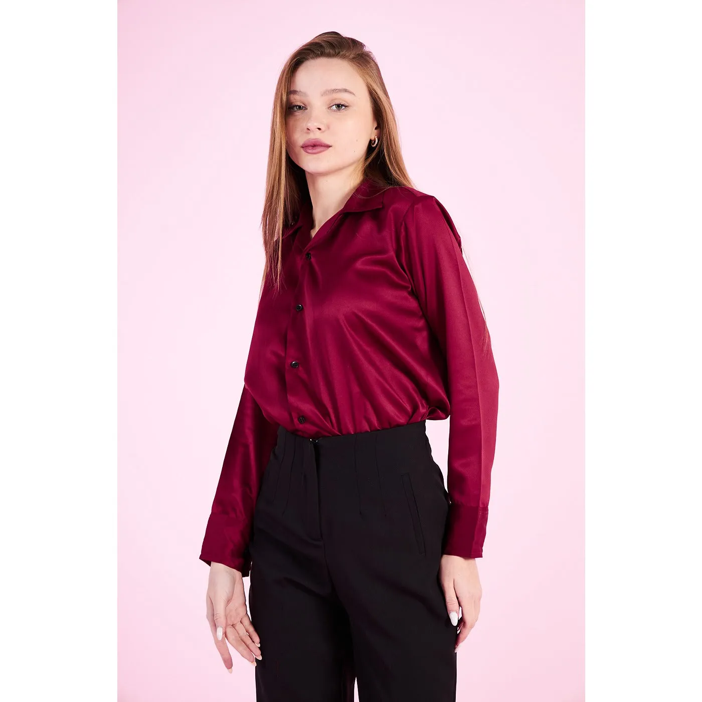 Burgundy Cuban Collar Satin Shirt