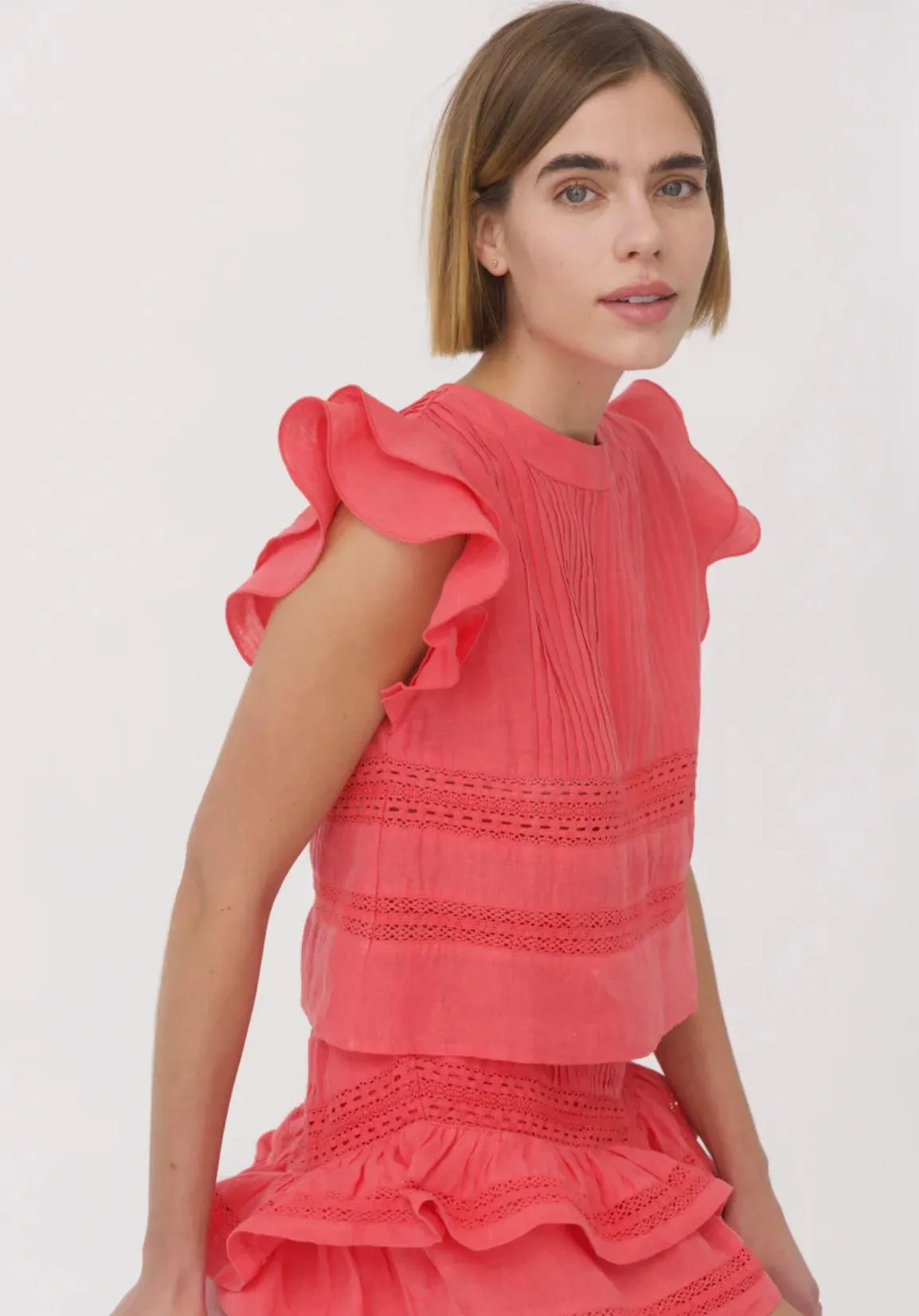 Claudia Top and Shorts Linen Set in Coral