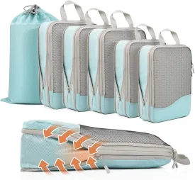 Compression Packing Cubes 6 Set, Dual Zipper Compression Packing Cubes for Travel, See-Through Mesh Packing Bags for Suitcases, packing cubes with shoe bag