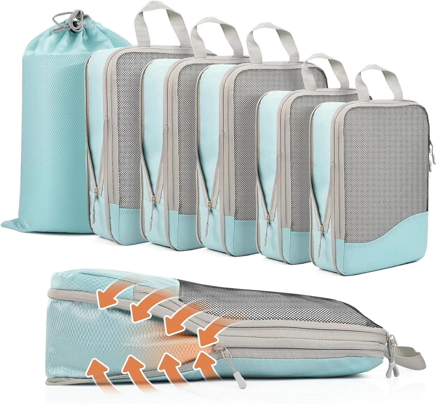 Compression Packing Cubes 6 Set, Dual Zipper Compression Packing Cubes for Travel, See-Through Mesh Packing Bags for Suitcases, packing cubes with shoe bag