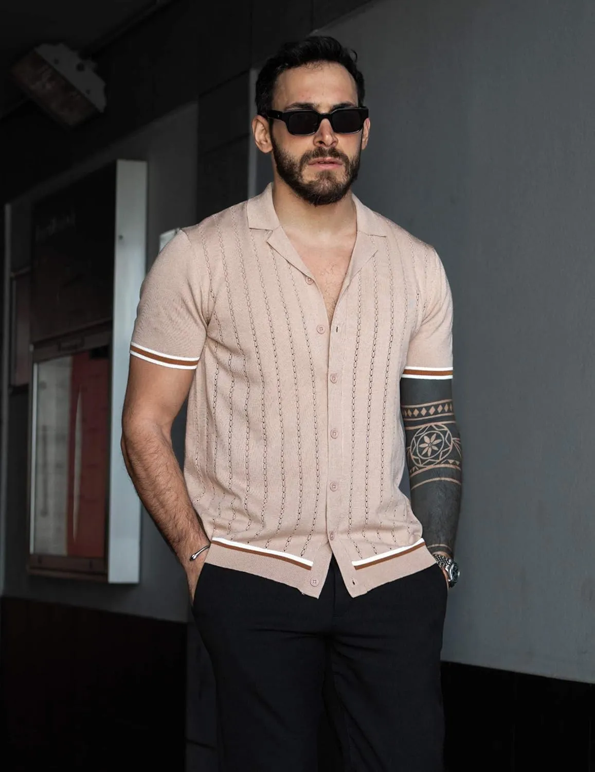 COOFANDY Men's Short Sleeve Knit Shirt Casual Button Down Shirt Vintage Striped Knitted Golf Beach Tops
