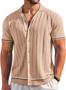 COOFANDY Men's Short Sleeve Knit Shirt Casual Button Down Shirt Vintage Striped Knitted Golf Beach Tops