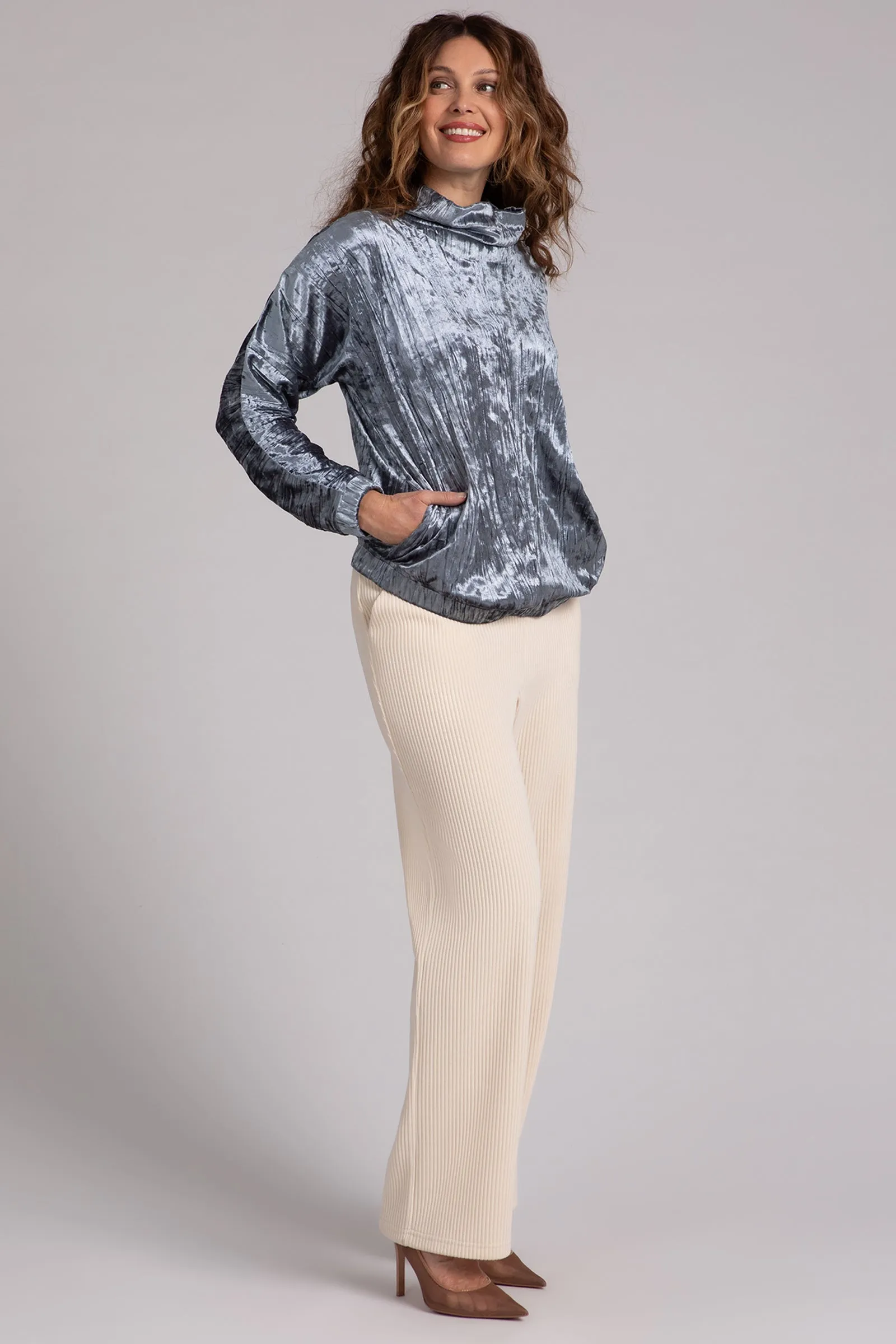 Gunmetal Crinkle Velvet Funnel Neck Top