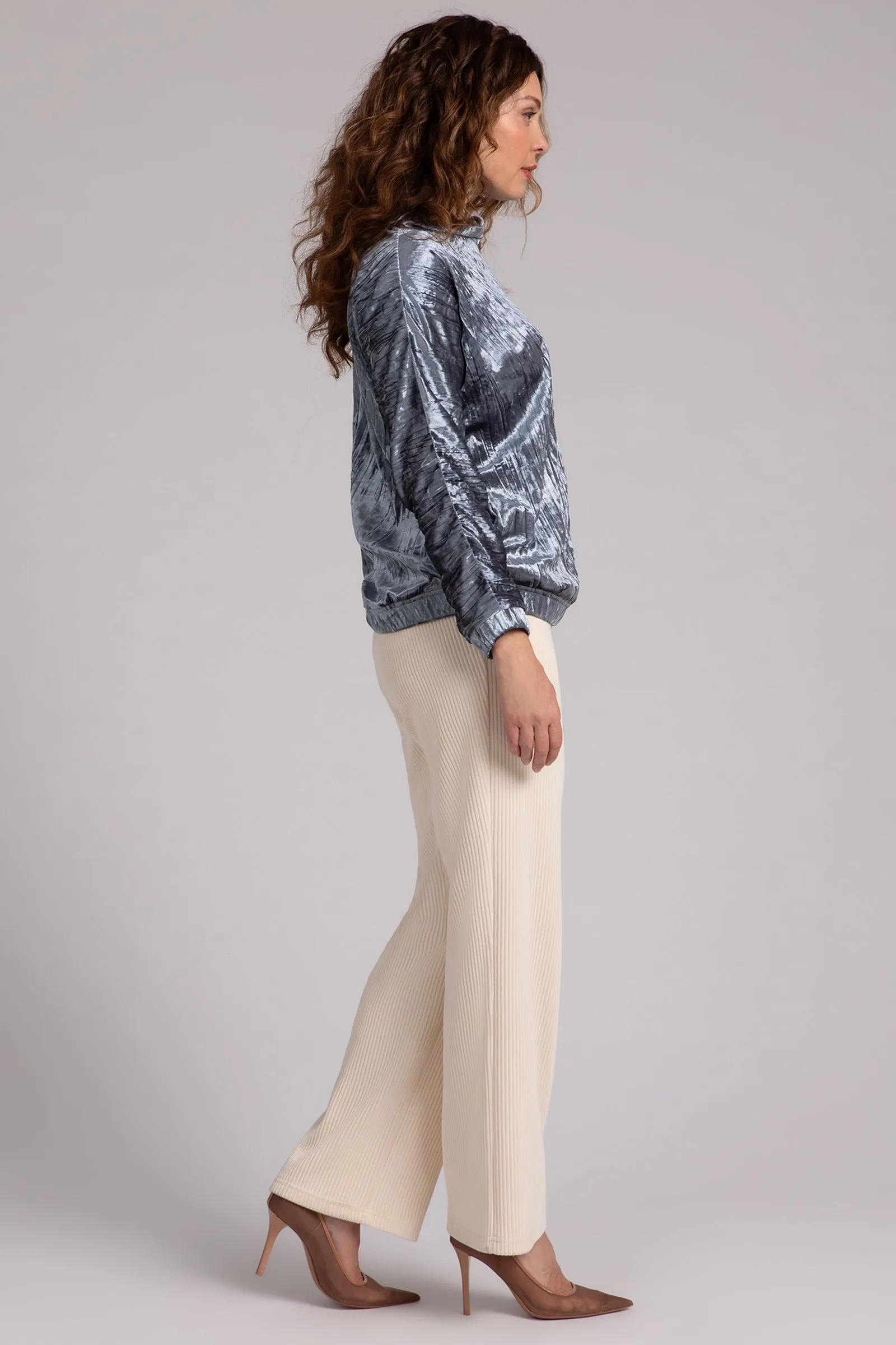 Gunmetal Crinkle Velvet Funnel Neck Top