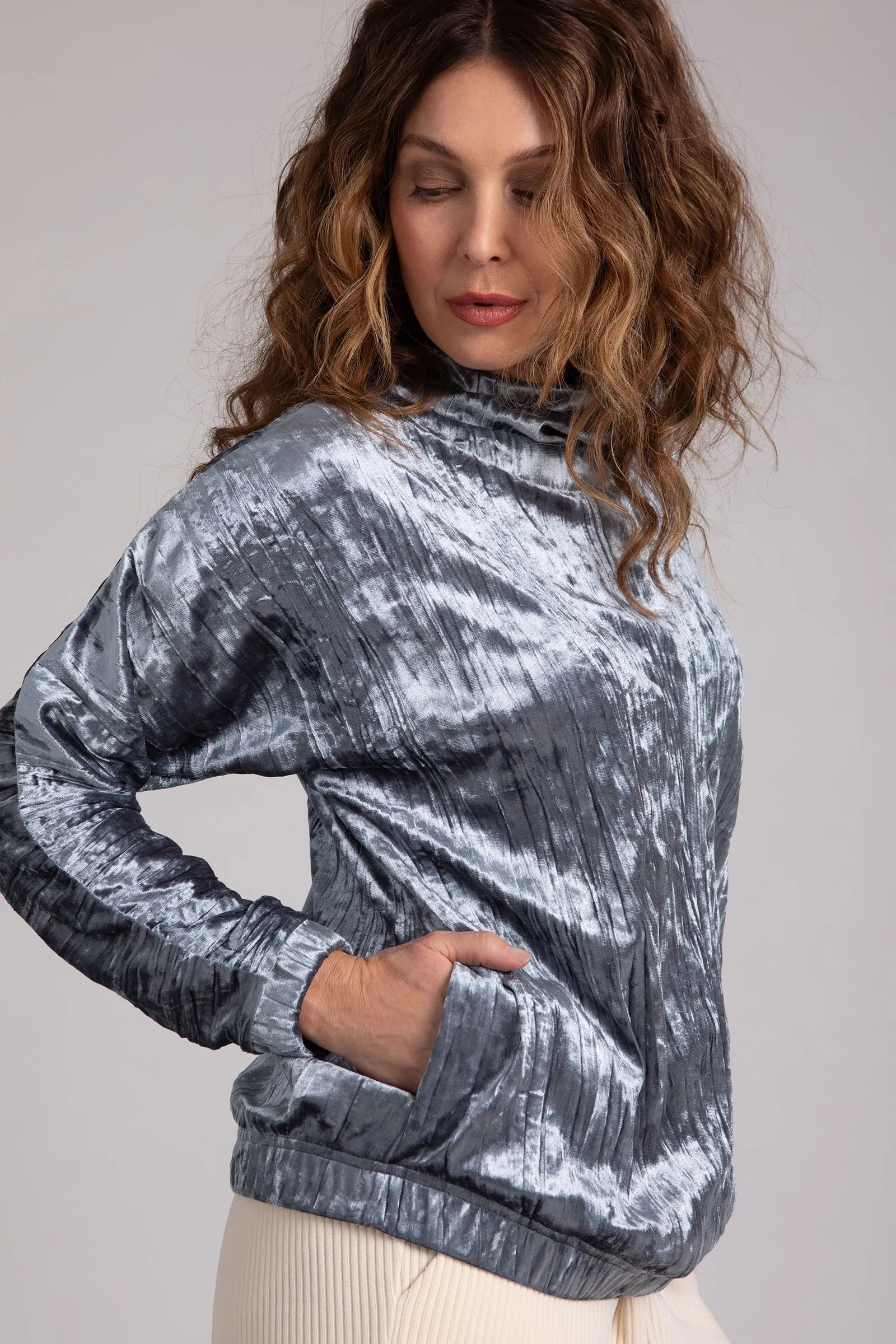 Gunmetal Crinkle Velvet Funnel Neck Top