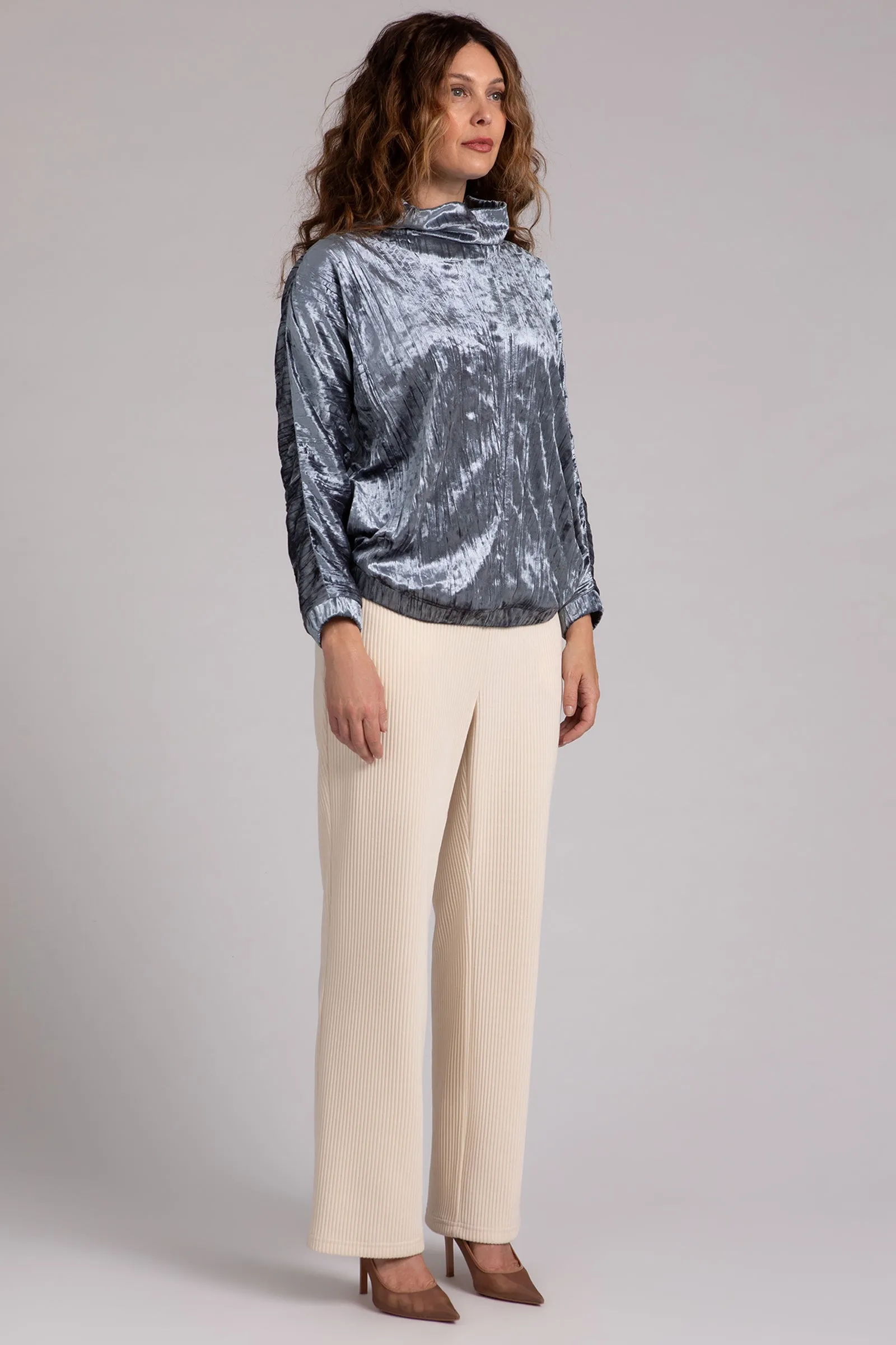 Gunmetal Crinkle Velvet Funnel Neck Top