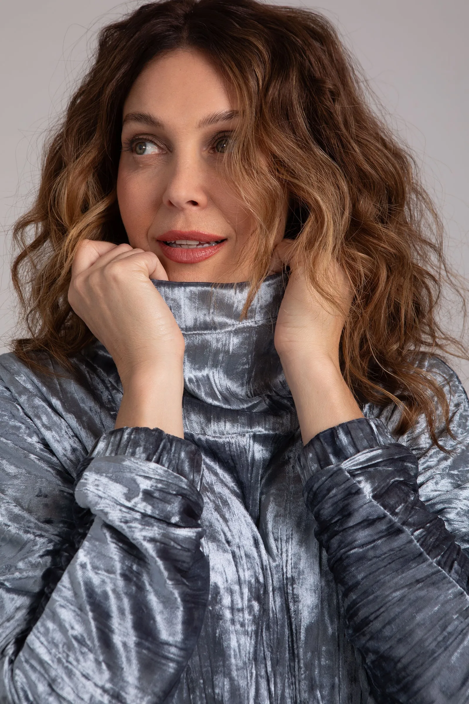 Gunmetal Crinkle Velvet Funnel Neck Top