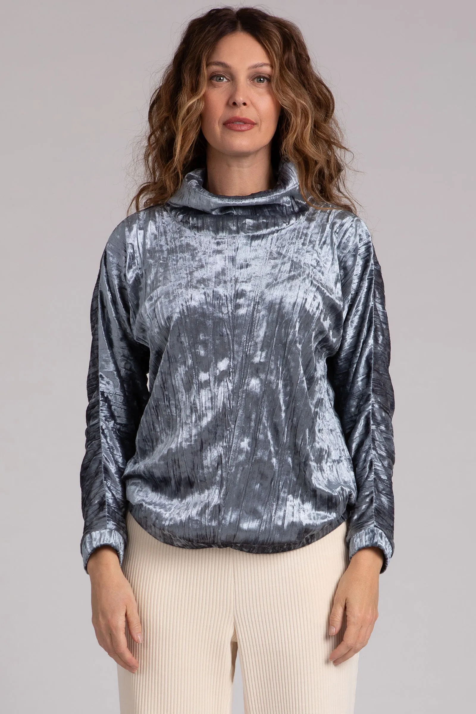 Gunmetal Crinkle Velvet Funnel Neck Top