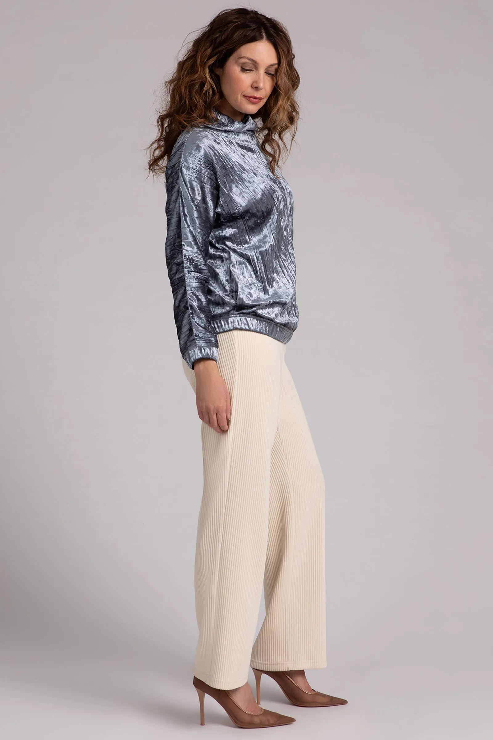 Gunmetal Crinkle Velvet Funnel Neck Top