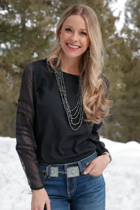 Cruel Girl® Women's Black Lace & Swiss Dot Detail Long Sleeve Blouse