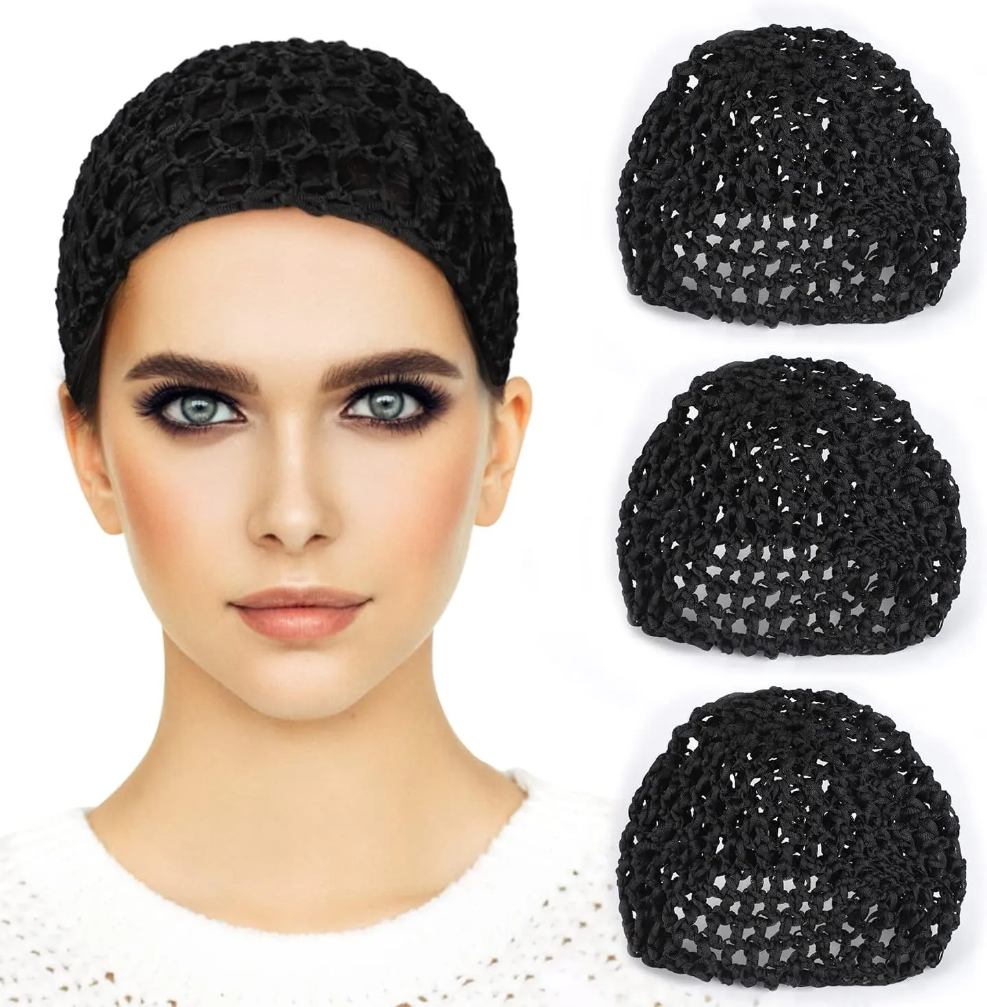 Etercycle 3 Pieces Mesh Crochet Hair Net Snoods for Women, Soft Rayon Knit Crochet Hairnet Hair Cover Accessory for Sleeping